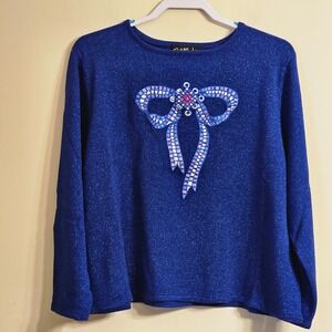 Women's Bob Mackie Blue Metallic Embroidered Bow Sweater Size XL
